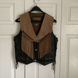 Hudson Leather Vest Womens Small Brown Black Fringe Biker Motorcycle Western